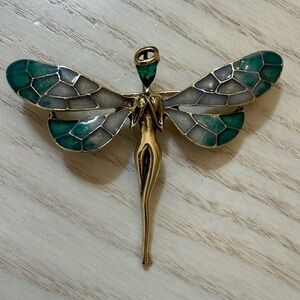 Elegant Gold and Green Angel Brooch
